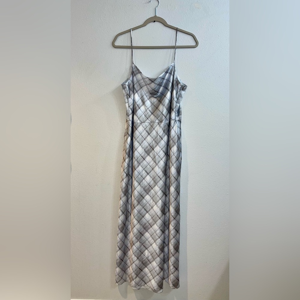 Vince Midi Slip Check-Print Strap Dress in Powder Blue Sz 10